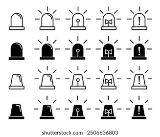 Alarm siren vector icon set. Features emergency siren symbols for ambulance or police, designed in an outline style