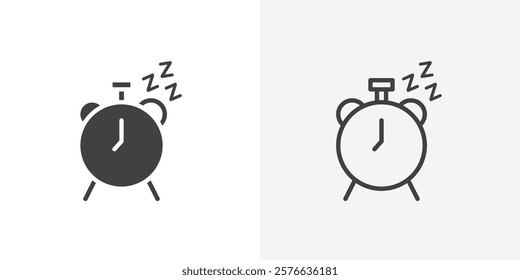 Alarm snooze icon set in black flat solid and outlined style.