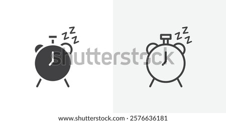 Alarm snooze icon set in black flat solid and outlined style.