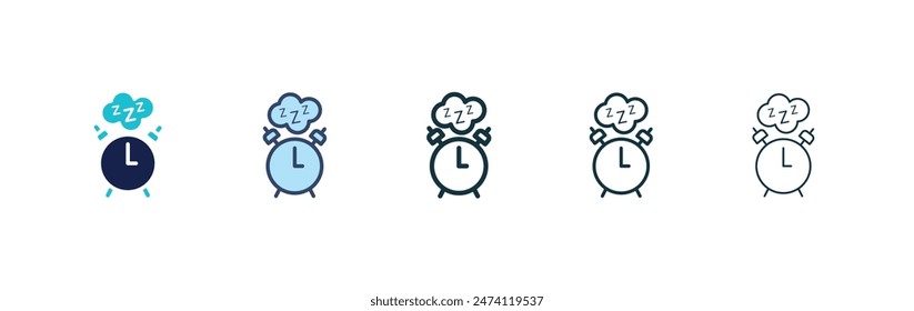 Alarm snooze icon set. alarm buzzer vector symbol. nap time sign. sleep time icon in black filled and outlined style.