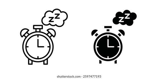 Alarm snooze vector icon set black filled and outlined style.