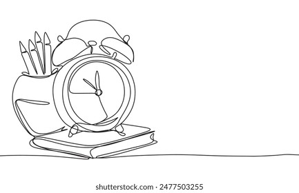 Alarm and stationary one line continuous. Education concept line art. Hand drawn vector art