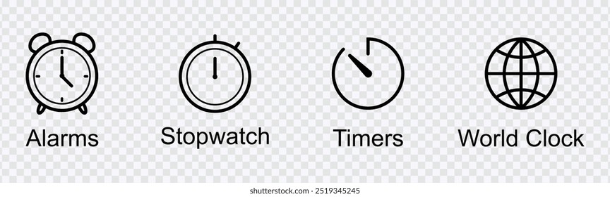 "Alarm-, Stoppuhr-, Zeitgeber- und Weltuhrsymbole für Zeitmanagement und globale Verfolgung."