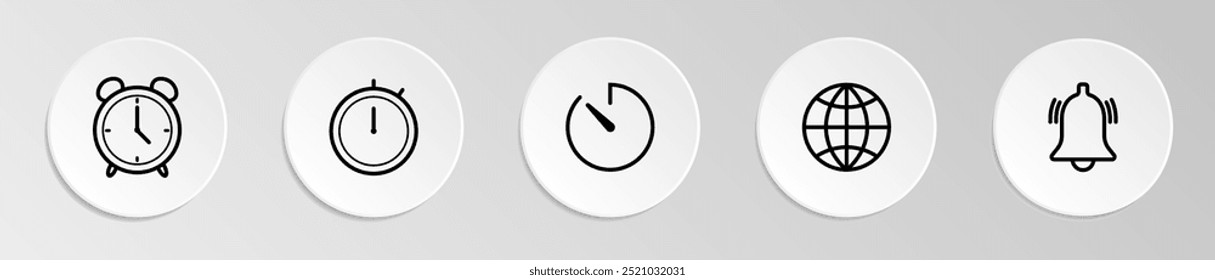 "Alarm, stopwatch, timer, and world clock icons for time management and global tracking."