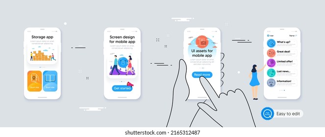 Alarm, Swipe up and Book line icons for website, printing. Phone ui interface. Collection of Video conference, Startup, Electric app icons. Card, Start presentation, Mail letter web elements. Vector