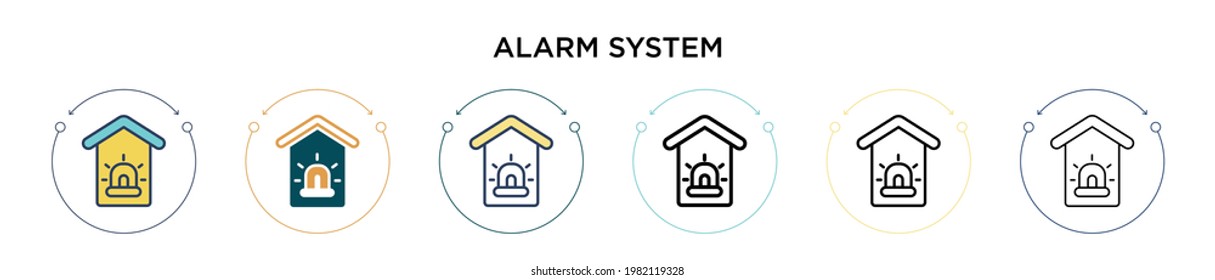 Alarm system icon in filled, thin line, outline and stroke style. Vector illustration of two colored and black alarm system vector icons designs can be used for mobile, ui, web