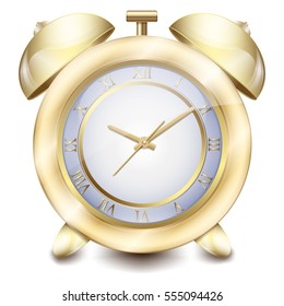Alarm table yellow gold with a dial and hands on a white background
Beautiful table clock
