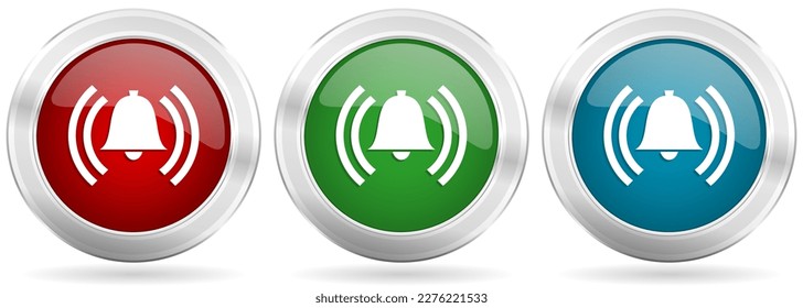 Alarm vector icon set. Red, blue and green silver metallic web buttons with chrome border