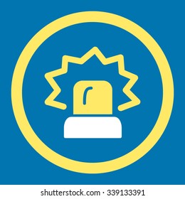 Alarm vector icon. Style is bicolor flat rounded symbol, yellow and white colors, rounded angles, blue background.