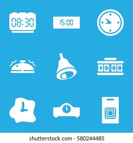 alarm vector icons. Set of 9 alarm filled icons such as clock, bell, door bell, wall clock