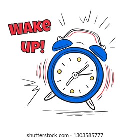 ALARM WAKE UP. Clock ringing in morning. Hand drawing sketch comic poster, countdown vector concept
