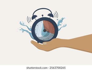 Alarm with water in human hand. hand holding a splashing alarm clock with a water effect, symbolizing time management and urgency. Water conservation concept. Green practices. Vector illustration