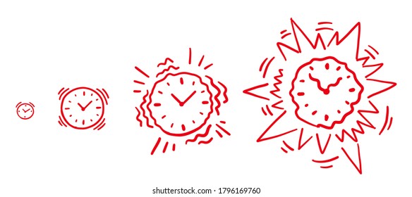 Reloj de alarma. Sonido de alarma incrementando el volumen gradualmente progresión de la animación. Esbozar la línea roja dibujada a mano. Infografía plana vectorial.