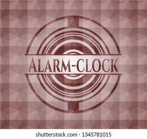 Alarm-clock red emblem with geometric pattern background. Seamless.