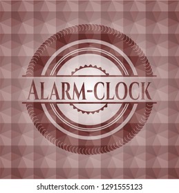 Alarm-clock red seamless emblem or badge with abstract geometric pattern background.