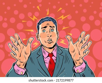 Alarmed Businessman, Hand Gesture Warning About Danger. Stop. Pop Art Retro Vector Illustration Kitsch Vintage 50s 60s Style