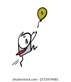 An alarmed businessman jumps for a balloon. Vector illustration of a business concept, an office employee has missed a financial benefit. Dollar sign, the stickman is at a loss. Doodle character.