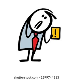 An alarmed businessman in a suit and tie holds a sign with an exclamation mark to draw attention to important information. Vector illustration of a stickman at work. 