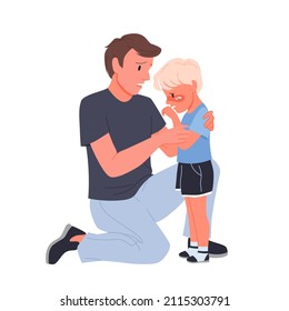 Alarmado padre calmando y consolando a su pequeño niño llorando. Apoyo y empatía de los padres, abrazo y suavemente conversación con los niños, caricatura de compasión infantil ilustración vectorial