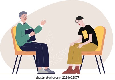 Alarmed father calming and consoling his little crying boy. Parent support and empathy, hugging and softly talking to child, parenting compassion cartoon vector illustration