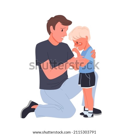 Alarmed father calming and consoling his little crying boy. Parent support and empathy, hugging and softly talking to child, parenting compassion cartoon vector illustration