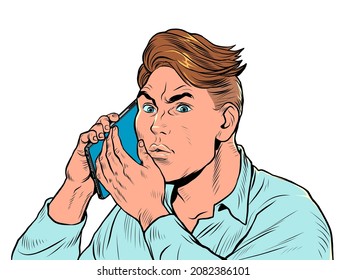 an alarmed man is talking on the phone