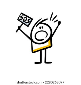 The alarmed stickman shouts loudly and holds a sign with the inscription sos. Vector illustration of a person attracts attention and needs help!