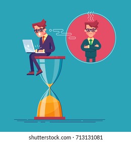 An alarmed worker is sitting on an hourglass with laptop and rushing to finish his project. Deadline.Time is running out. Business concept of time management and procrastination. Vector illustration.