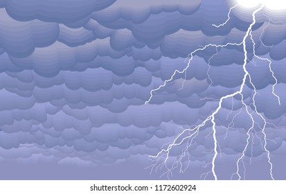 An alarming background. Flash of lightning, against the background of clouds going into distance. Vector illustration.