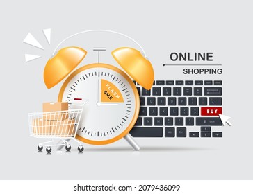 Alarms clock alerting flash sales promotions and parcel boxes in carts placed in front. Computer keyboard with cursor pointing to buy button for delivery and online shopping concept,vector 3d isolated