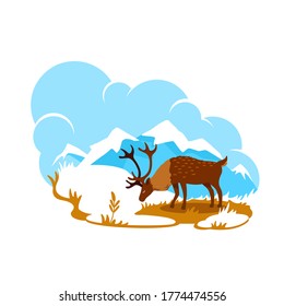 Alaska 2D vector web banner, poster. Reindeer in wilderness. Natural habitat. Deer on mountain peak flat scenery on cartoon background. North America wildlife printable patch, colorful web element