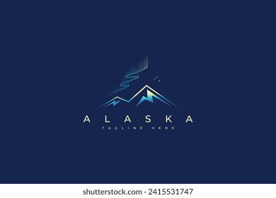 Alaska Abstract Mountain Illustration with Beauty Light Aurora at Night and Star Logo Concept