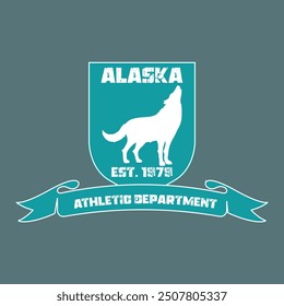 alaska athletic department varsity college wolf detailed print with united states of america state slogan and grunge effect for graphic tee t shirt or sweatshirt hoodie - Vector