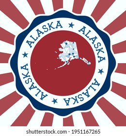 Alaska Badge. Round logo of US state with triangular mesh map and radial rays. EPS10 Vector.