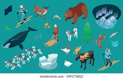 Alaska bowhead whale pole totem ice northern lights dog sledding nordic skiing isometric set background vector illustration