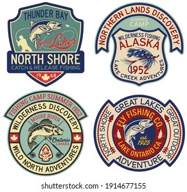 Alaska and Canada fly fishing sport badges vintage vector label collection