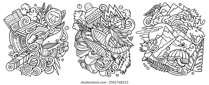 Alaska cartoon vector doodle designs set. Line art detailed compositions with lot of USA State objects and symbols