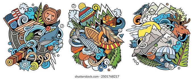 Alaska cartoon vector doodle designs set. Colorful detailed compositions with lot of USA State objects and symbols. Isolated on white illustrations