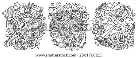 Alaska cartoon vector doodle designs set. Line art detailed compositions with lot of USA State objects and symbols