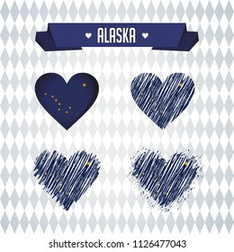 Alaska Collection of four vector hearts with flag. Heart silhouette
