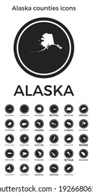 Alaska counties icons. Black round logos with US state counties maps and titles. Vector illustration.