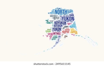 Alaska counties word cloud. State logo design. Counties typography style vector image. Alaska colored text cloud. Amazing vector illustration.