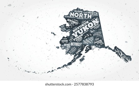 Alaska counties word clouds. State shape on textured background. Alaska design in typographic style. Creative vector illustration.