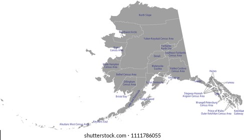 Alaska county map vector outline gray background. County map of Alaska state of USA with borders and counties names labeled