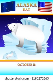 Alaska day poster. the polar bear and the hare hidden against the background of a starry sky, snow and ice. Vector Illustration