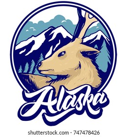 alaska deer and Snow panorama in Circle isolated logo