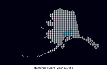 Alaska dotted map. Digital style map of the state on dark background. Alaska shape with circle dots. Colored dots style. Small size circles. Creative vector illustration.