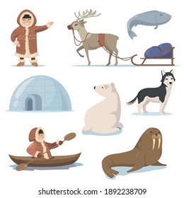 Elementos de Alaska y set plano feliz Inuits para el diseño web. Caricatura Caracteres esquimales en ropa tradicional y animales árticos aislados colección de ilustraciones vectoriales. La vida en el concepto del norte lejano