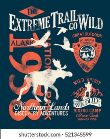 Alaska extreme trail, vector grunge artwork for boy t shirt