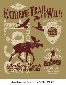 Alaska extreme trail, vector grunge artwork for boy t shirt, grunge effect in separate layer